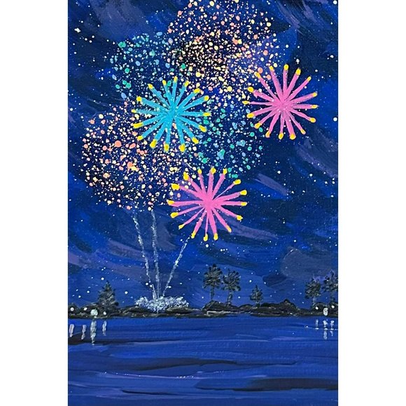 Celebrate 4 - Fireworks Landscape Painting by Deb Bossert Artworks - 8" x 10" - Picture 3 of 7
